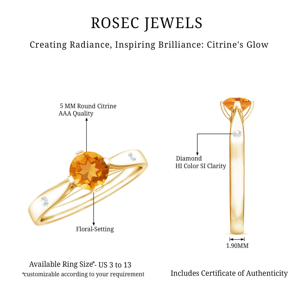 Rosec Jewels Certified real citrine promise ring with diamond, showcasing a sparkling yellow citrine gemstone on a silver band