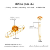 Rosec Jewels Certified real citrine promise ring with diamond, showcasing a sparkling yellow citrine gemstone on a silver band