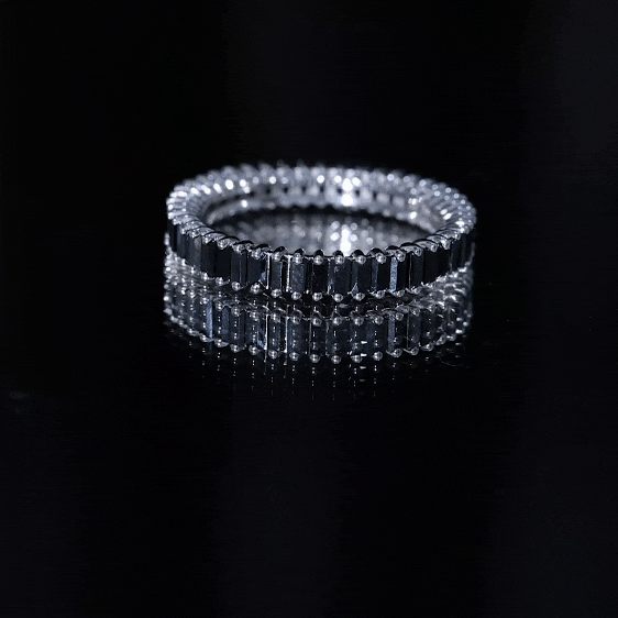 Rosec Jewels black diamond eternity ring featuring lab-grown black diamonds in a certified baguette design.