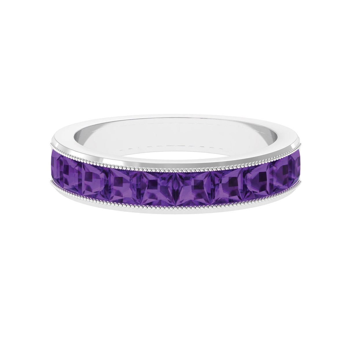 Natural princess cut amethyst half eternity ring for women by Rosec Jewels, featuring a row of sparkling purple amethyst gemstones.