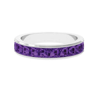 Natural princess cut amethyst half eternity ring for women by Rosec Jewels, featuring a row of sparkling purple amethyst gemstones.
