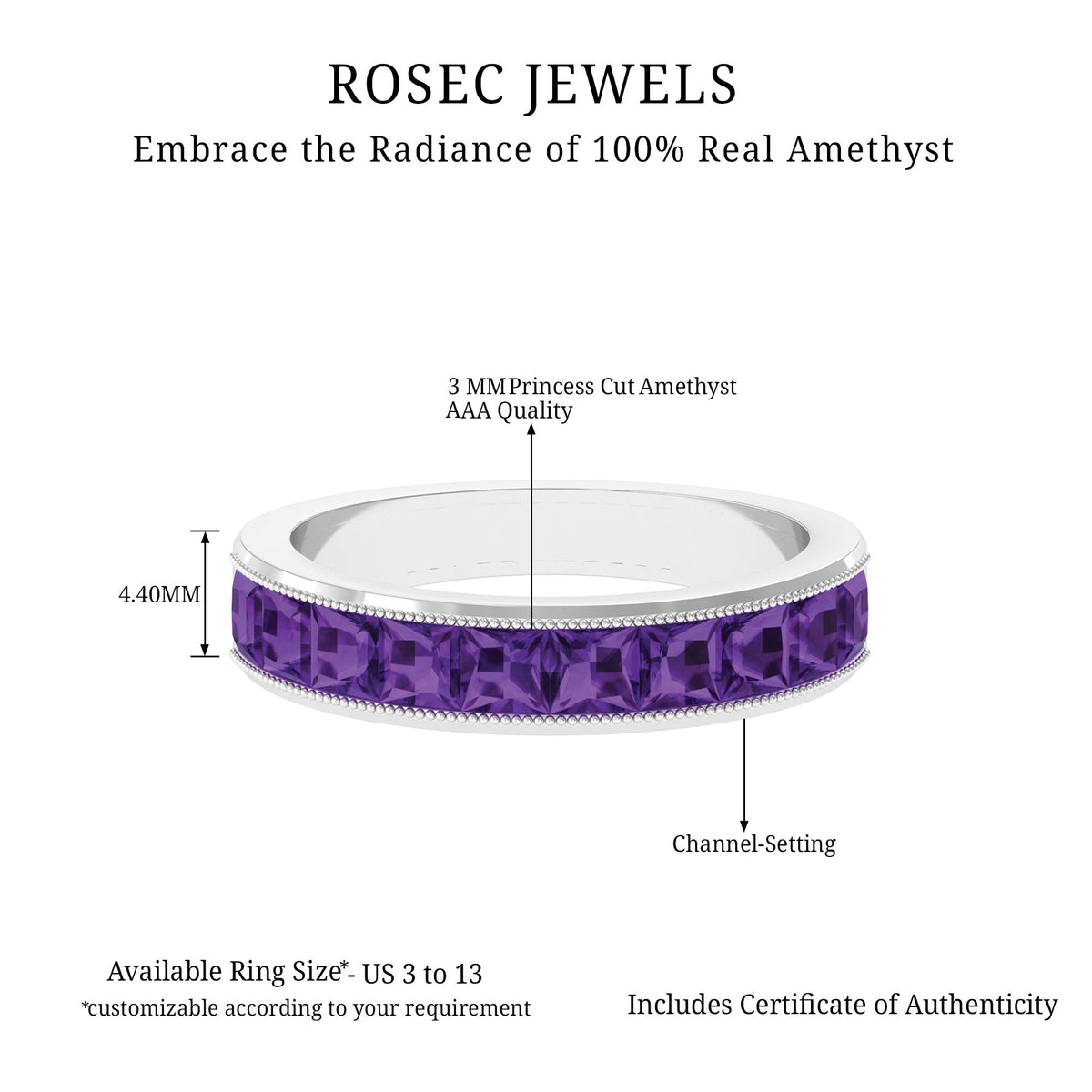 Natural princess cut amethyst half eternity ring for women by Rosec Jewels, featuring a row of purple gemstones in a sleek silver band.