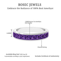 Natural princess cut amethyst half eternity ring for women by Rosec Jewels, featuring a row of purple gemstones in a sleek silver band.