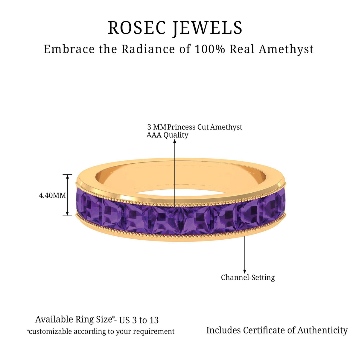 Natural princess cut amethyst half eternity ring for women featuring a row of vivid purple gemstones set in a silver band.