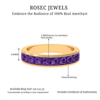 Natural princess cut amethyst half eternity ring for women featuring a row of vivid purple gemstones set in a silver band.
