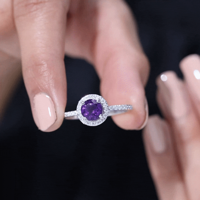 Certified 2 carat amethyst engagement ring with moissanite halo from Rosec Jewels, featuring a yellow gold band and intricate design.