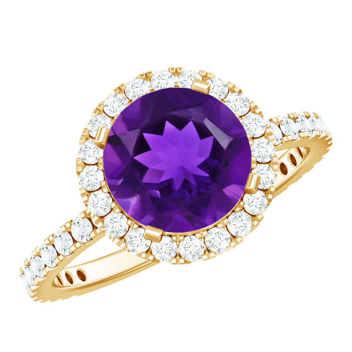 Certified 2 carat amethyst engagement ring with moissanite halo from Rosec Jewels, featuring a stunning purple gemstone and sparkling accents.