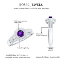 Natural 1.2 Carat Amethyst Engagement Ring with Moissanite Double Halo