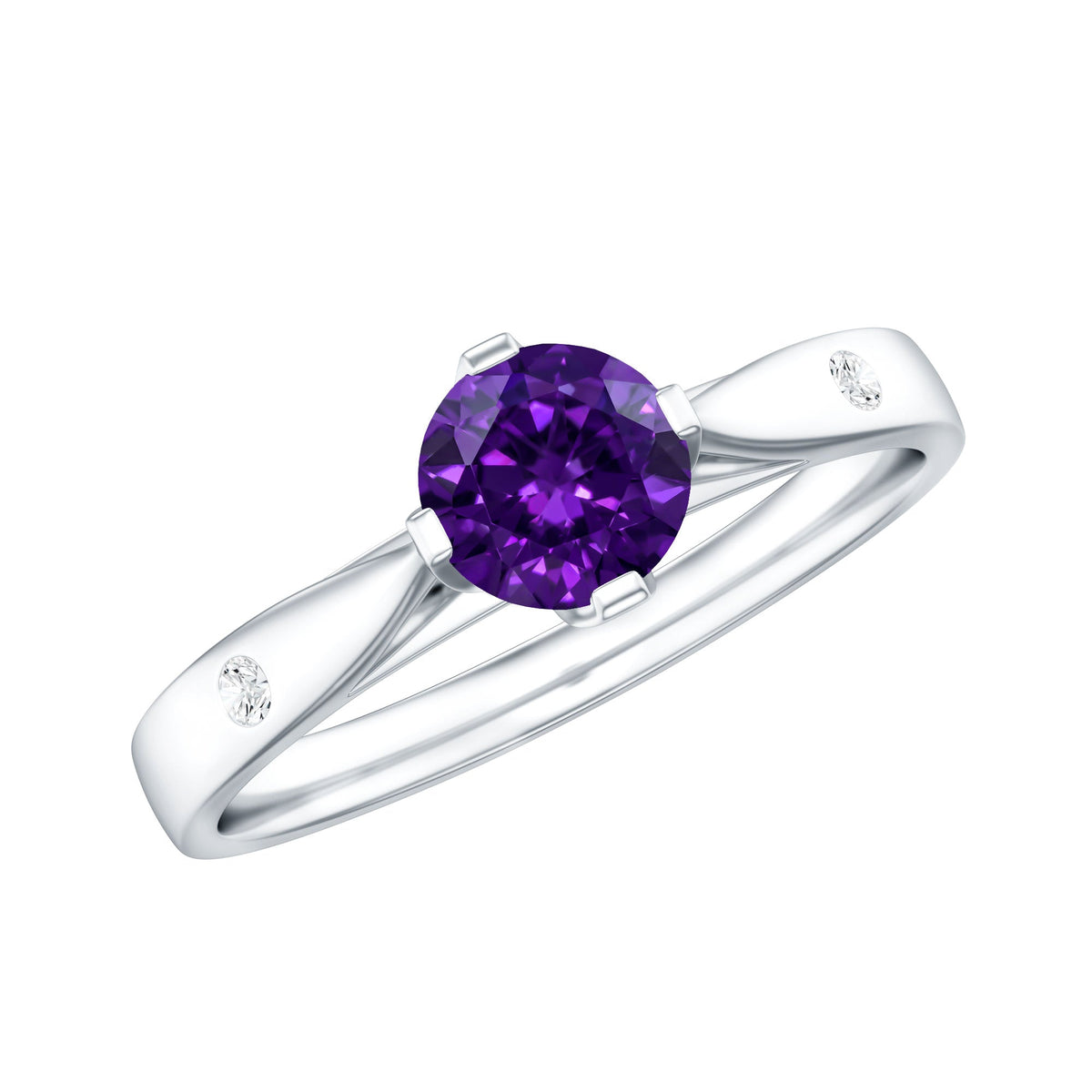Rosec Jewels 1/2 CT solitaire round amethyst ring with diamond accent, showcasing a sparkling purple gemstone and elegant band.
