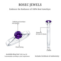 Rosec Jewels 1/2 CT solitaire round amethyst ring with diamond accent, showcasing a sparkling purple gemstone and elegant band.