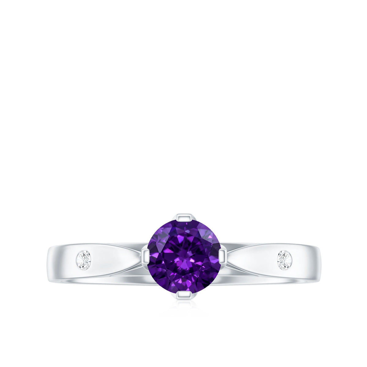 Round shape amethyst solitaire ring with diamond accents, 1/2 carat total weight, by Rosec Jewels.