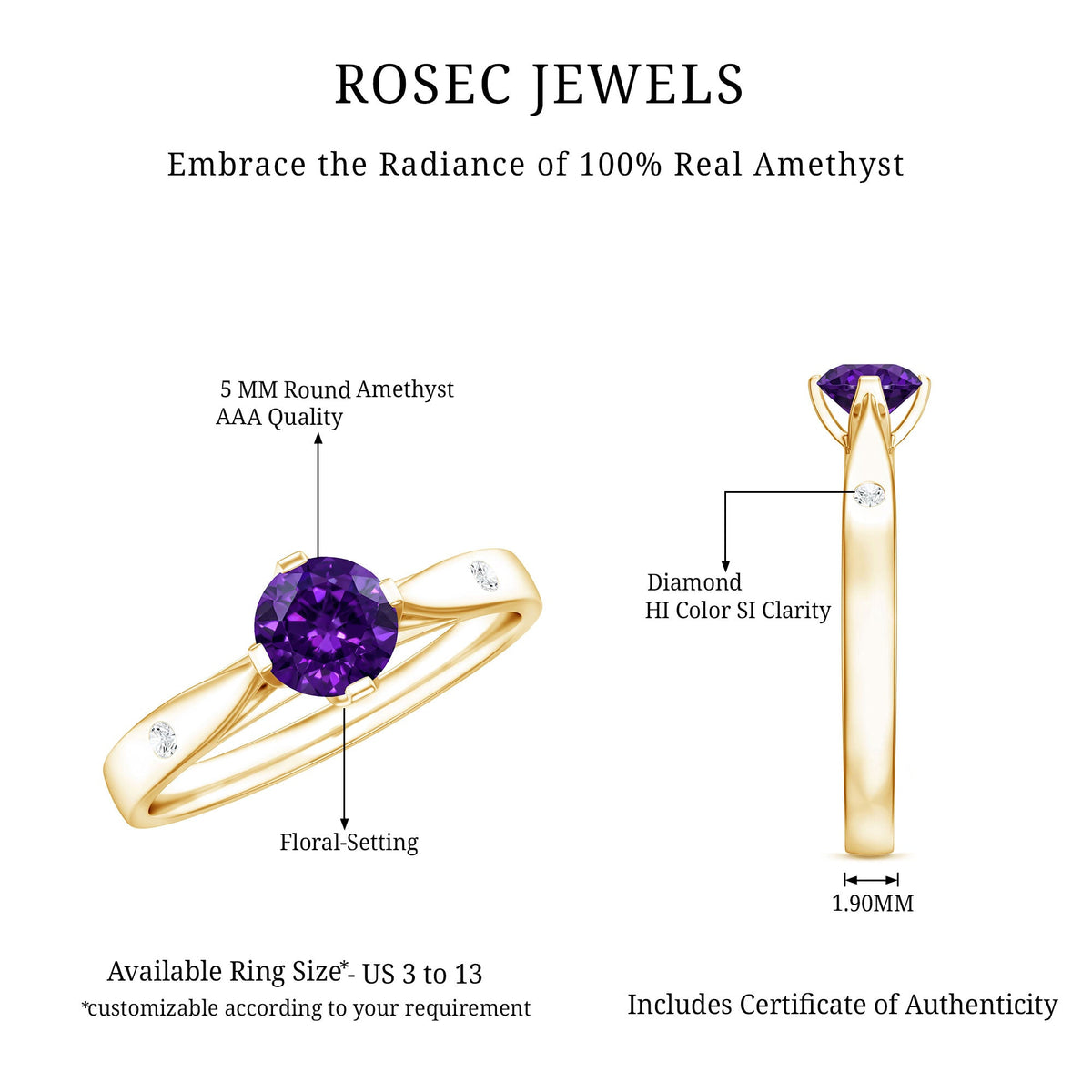 Rosec Jewels 1/2 CT solitaire round amethyst ring with diamond accent, showcasing a elegant gemstone design.