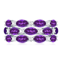 Certified Amethyst and Moissanite Three Row Wedding Band