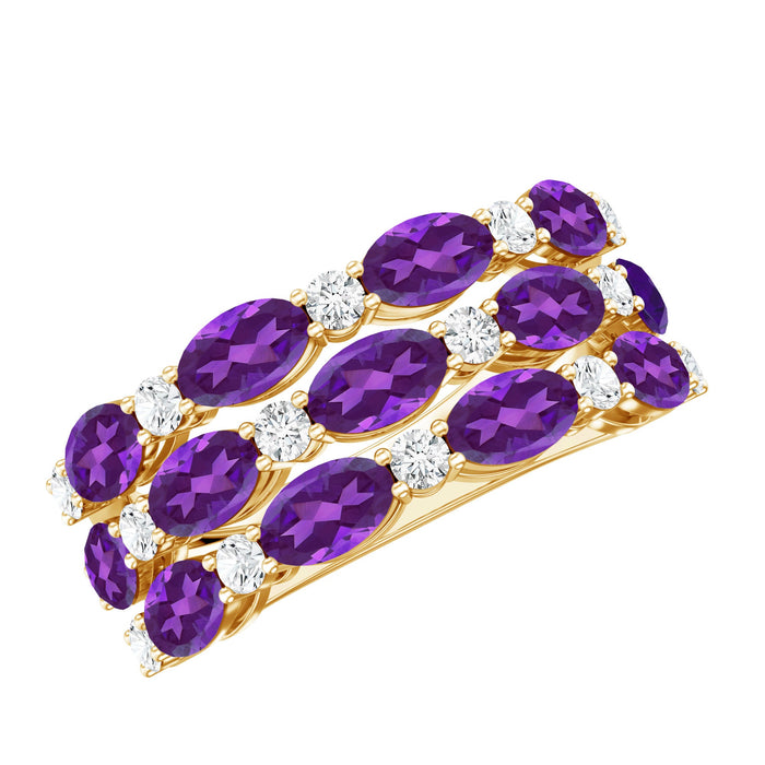 Certified amethyst and moissanite three-row wedding band ring by Rosec Jewels featuring sparkling gemstones and intricate design.