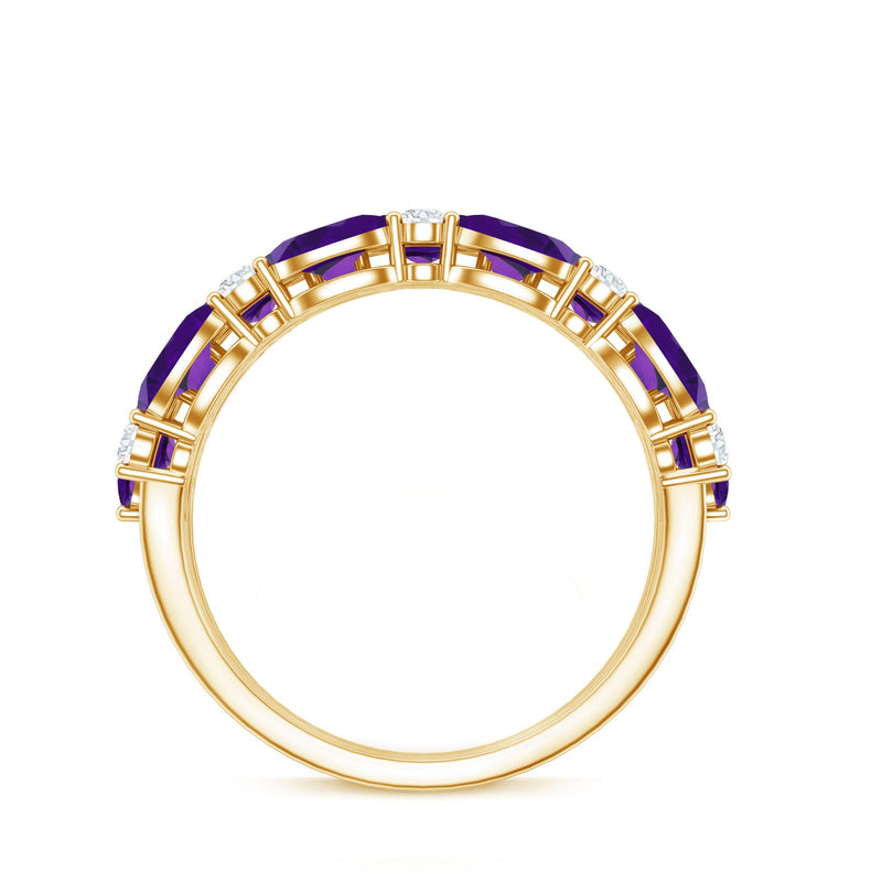 Certified amethyst and moissanite three-row wedding band ring by Rosec Jewels, featuring sparkling gemstones and intricate design.