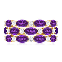 Certified Amethyst and Moissanite Three Row Wedding Band