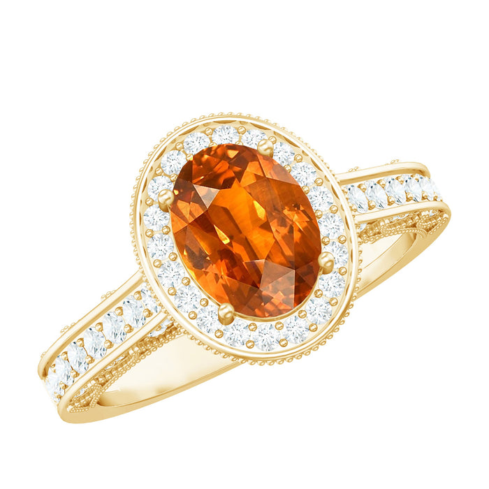1.5 carat lab-grown orange sapphire engagement ring with diamond halo from Rosec Jewels showcasing the vibrant gemstone and sparkling accents.