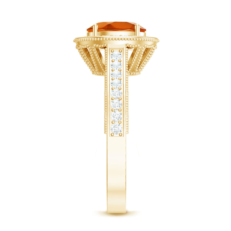 Lab-grown orange sapphire engagement ring with diamond halo, 1.5 carats, from Rosec Jewels, showcasing a stunning center stone and sparkling accents.