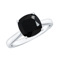 Cushion cut black spinel solitaire engagement ring by Rosec Jewels featuring a 2-carat black spinel gemstone set in a sleek band