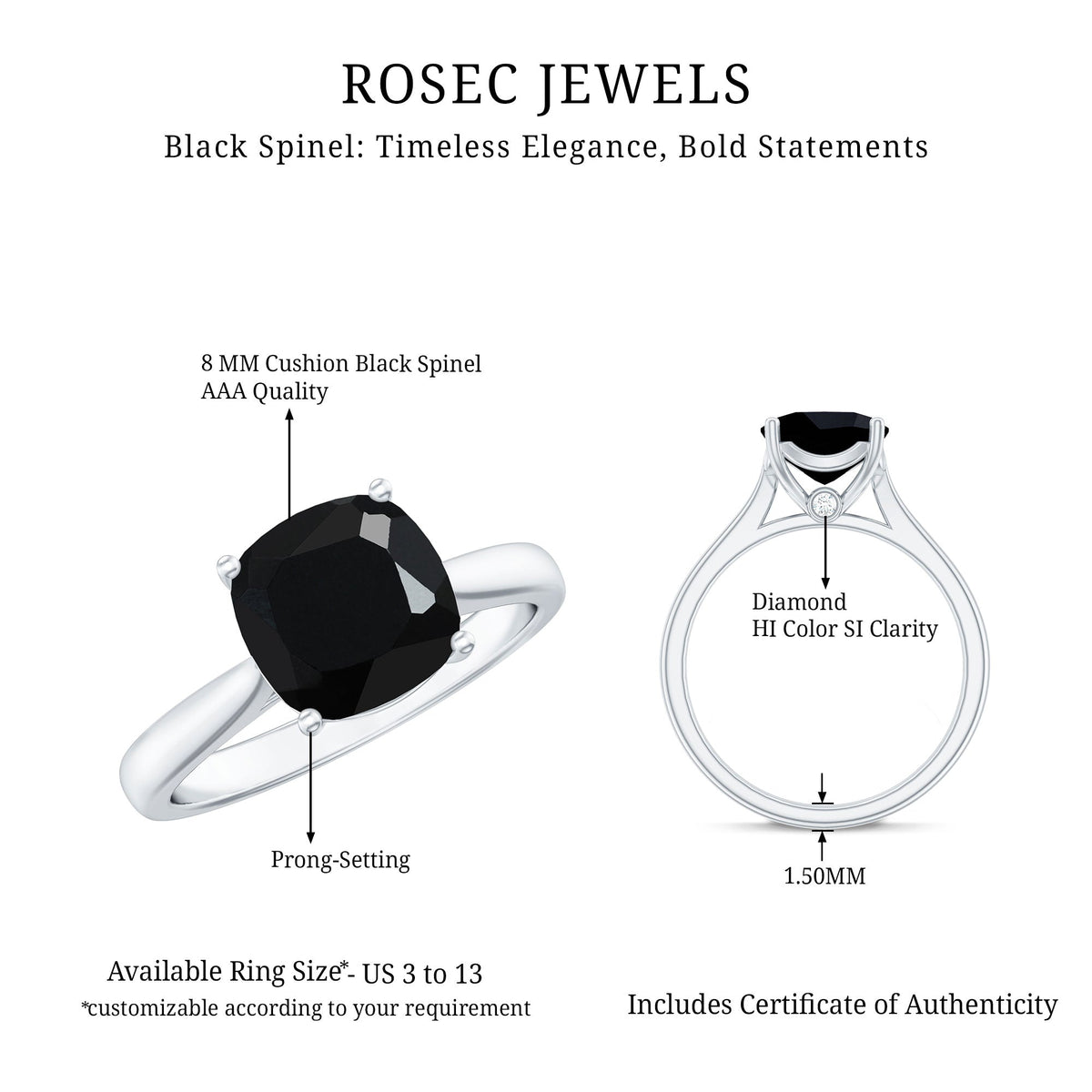 Cushion cut black spinel solitaire engagement ring by Rosec Jewels with a 2-carat black gemstone on a silver band.