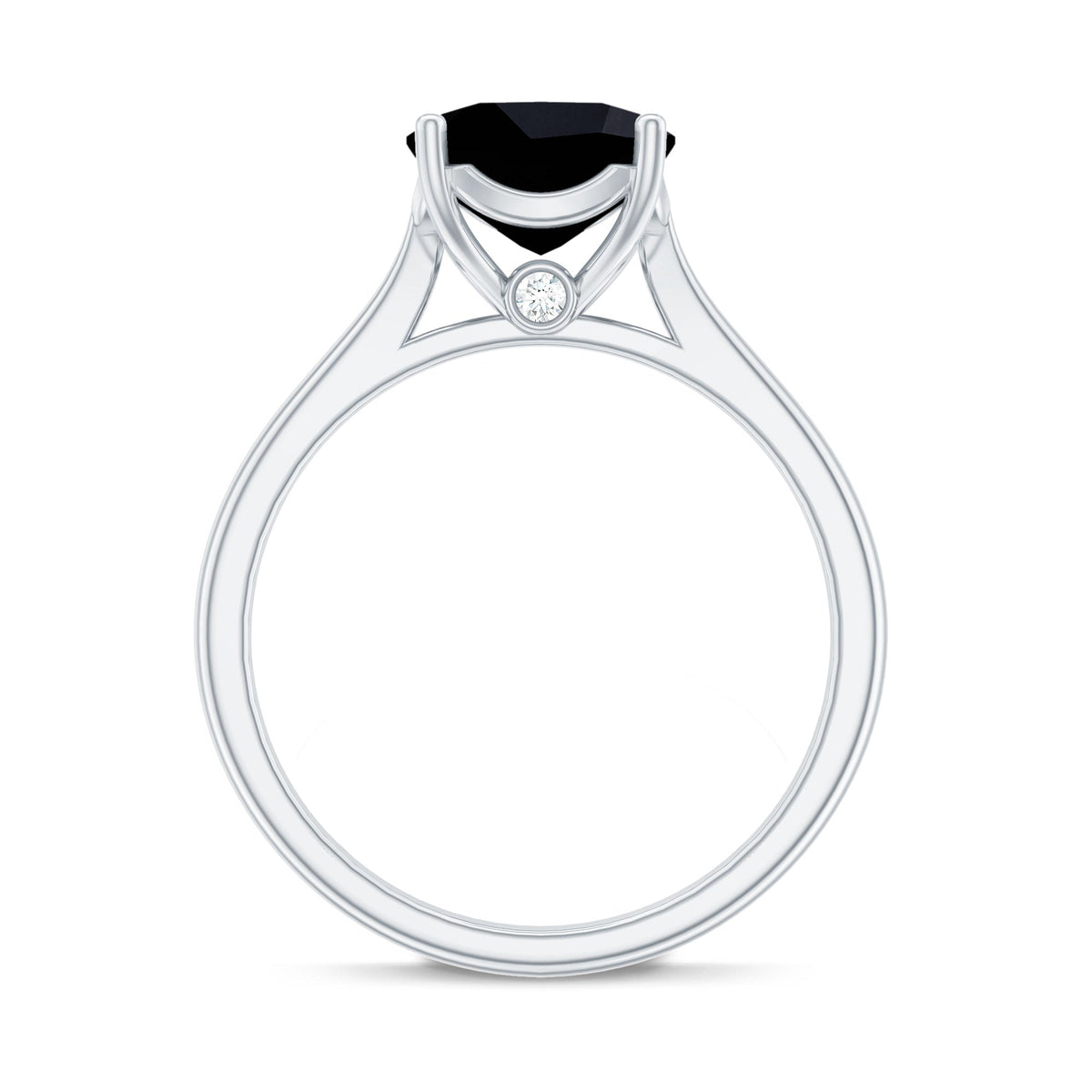 Two-carat cushion cut black spinel solitaire engagement ring by Rosec Jewels, featuring a stunning black gemstone on a sleek band.