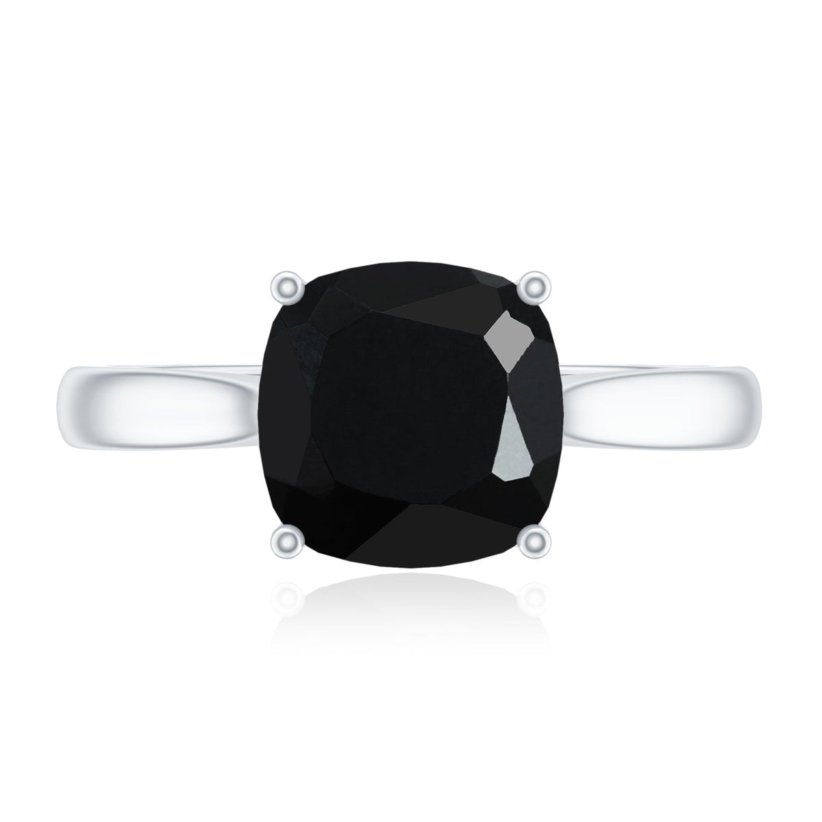 Cushion cut black spinel solitaire engagement ring from Rosec Jewels featuring a 2-carat black spinel gemstone on a silver band.