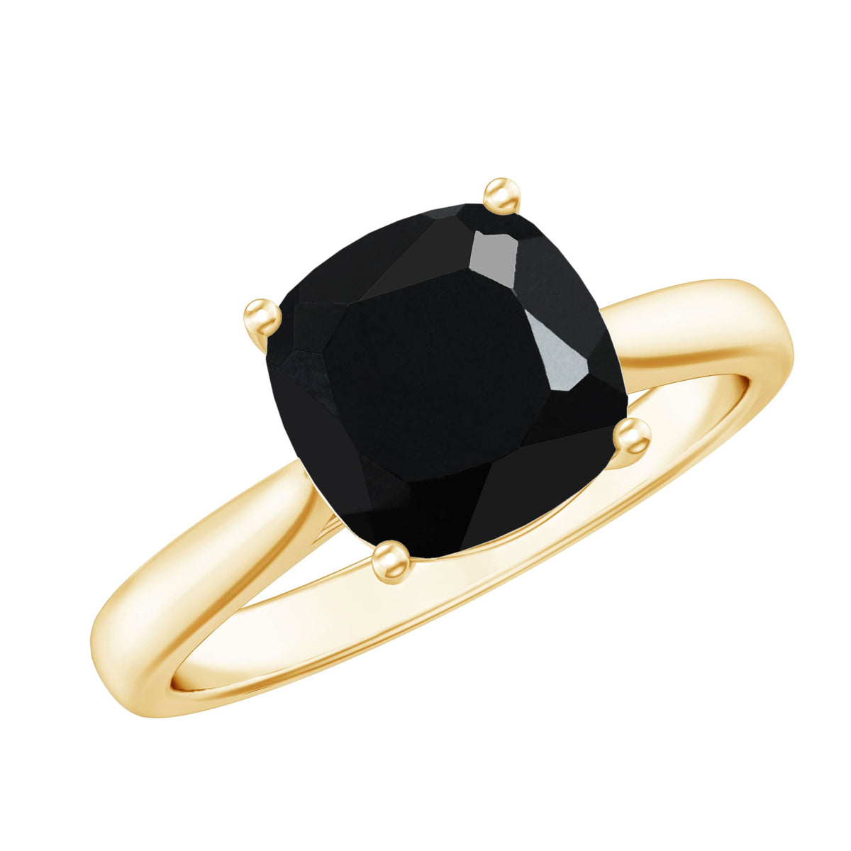 Cushion cut black spinel solitaire engagement ring with a 2-carat center stone, set in a silver band, by Rosec Jewels.