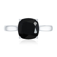 2 Carat cushion cut black onyx solitaire engagement ring from Rosec Jewels featuring a sleek, elegant design and polished metal band.
