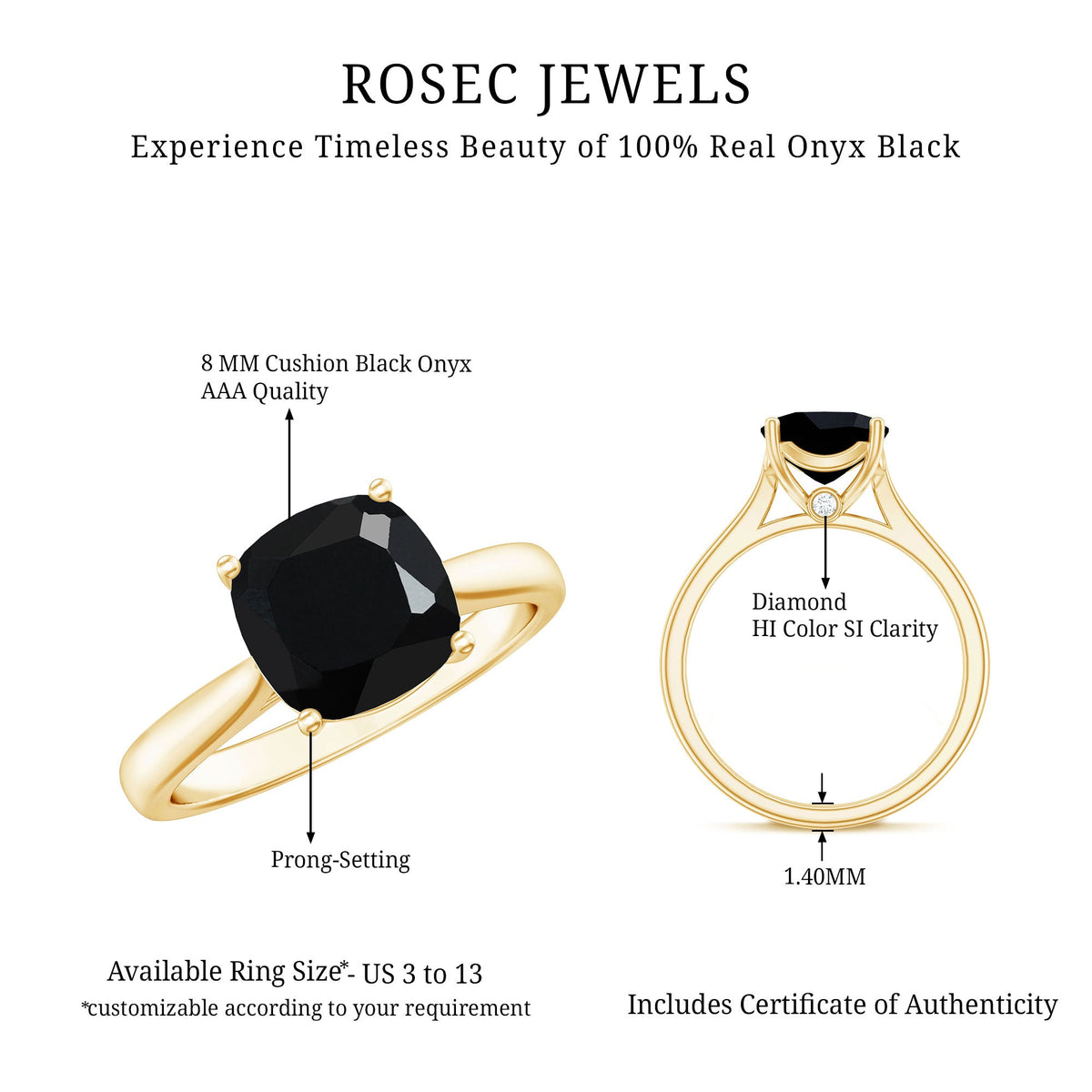 Cushion cut black onyx solitaire engagement ring from Rosec Jewels featuring a 2 carat black onyx gemstone on a silver band.