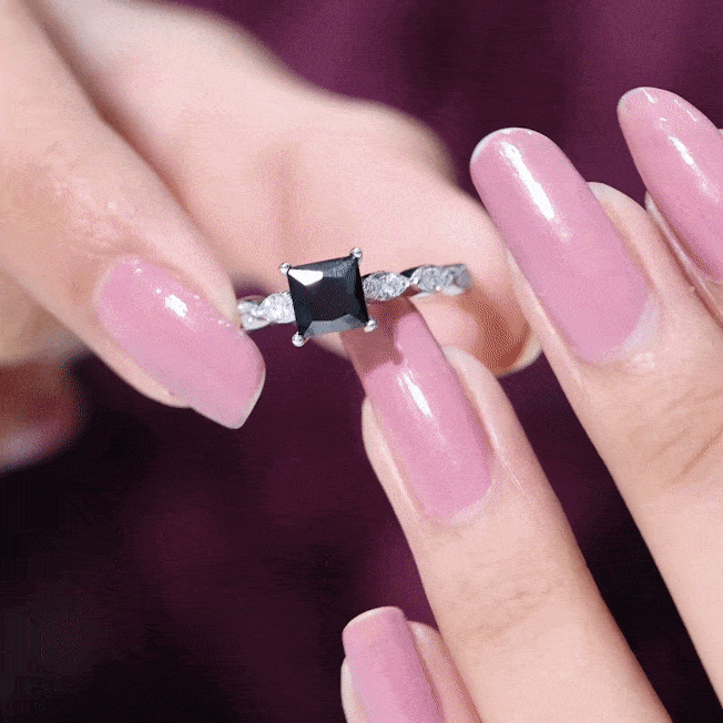 Princess cut black onyx and diamond designer engagement ring by Rosec Jewels featuring a sleek band and elegant gemstone setting.