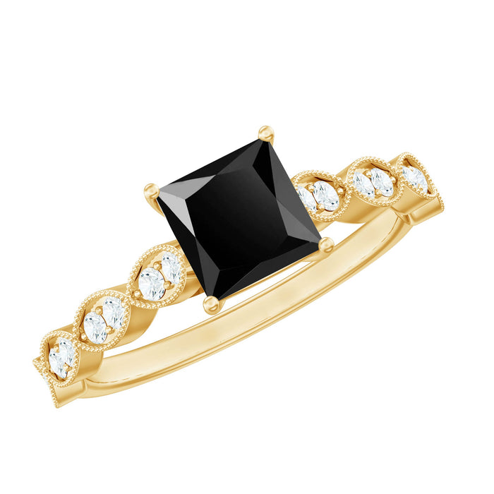 Princess cut black onyx and diamond designer engagement ring by Rosec Jewels featuring a sleek gold band and intricate detailing.