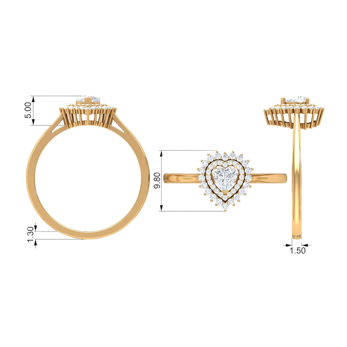 Certified Real 0.25 Carat Diamond Heart Engagement Ring with Double Halo