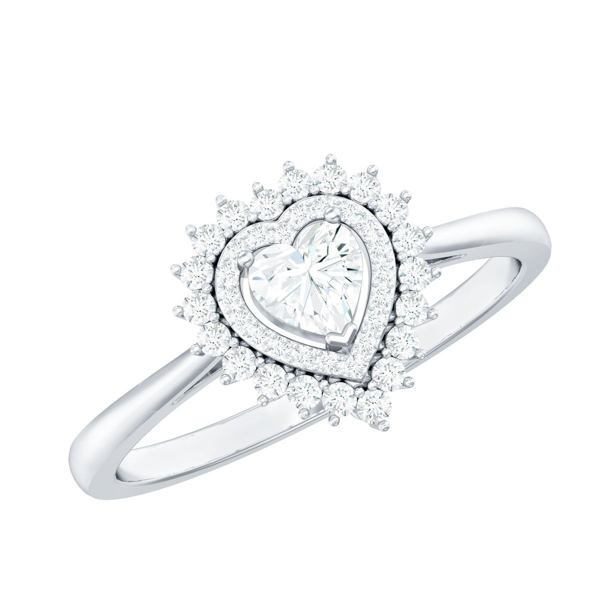 Certified Real 0.25 Carat Diamond Heart Engagement Ring with Double Halo