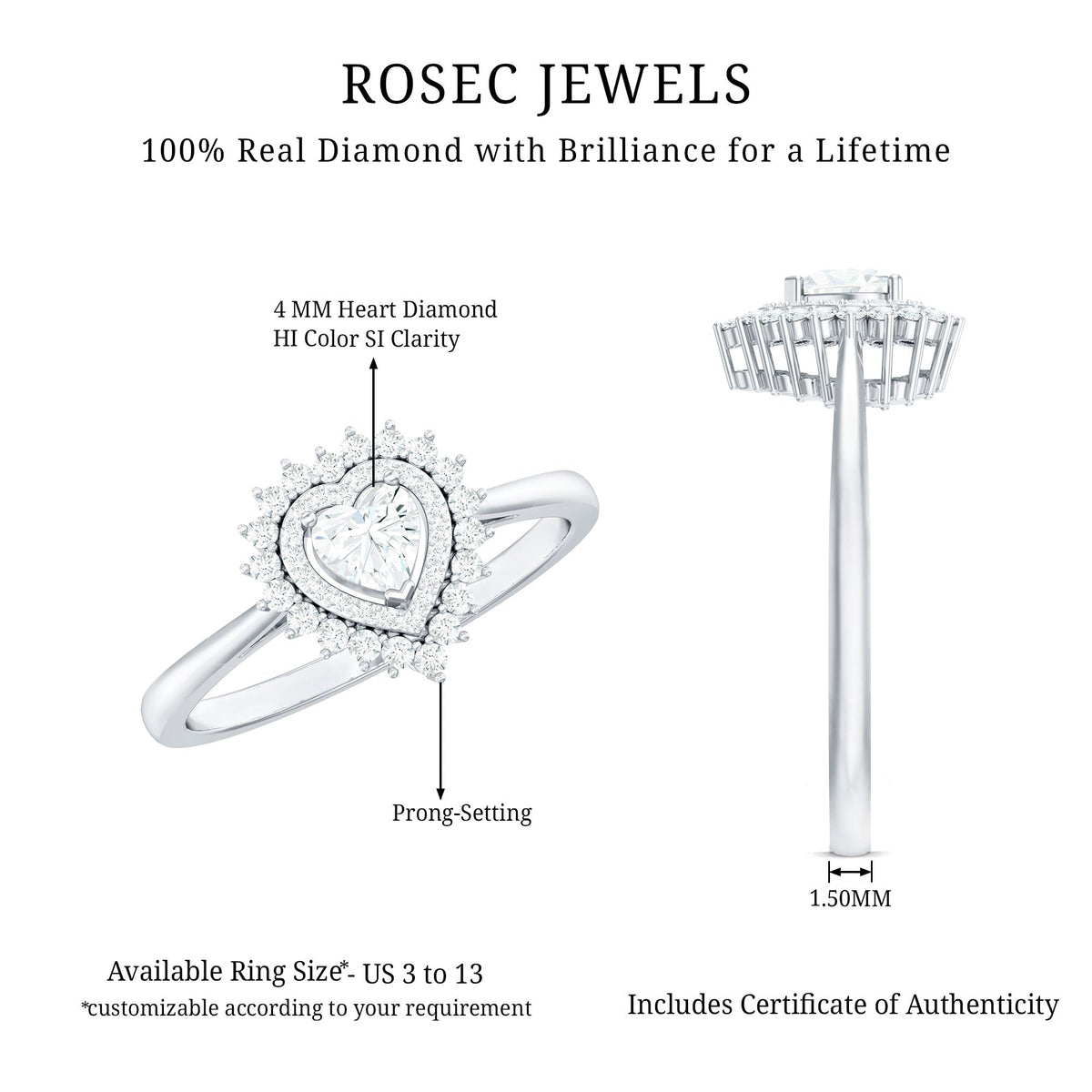 Certified Real 0.25 Carat Diamond Heart Engagement Ring with Double Halo