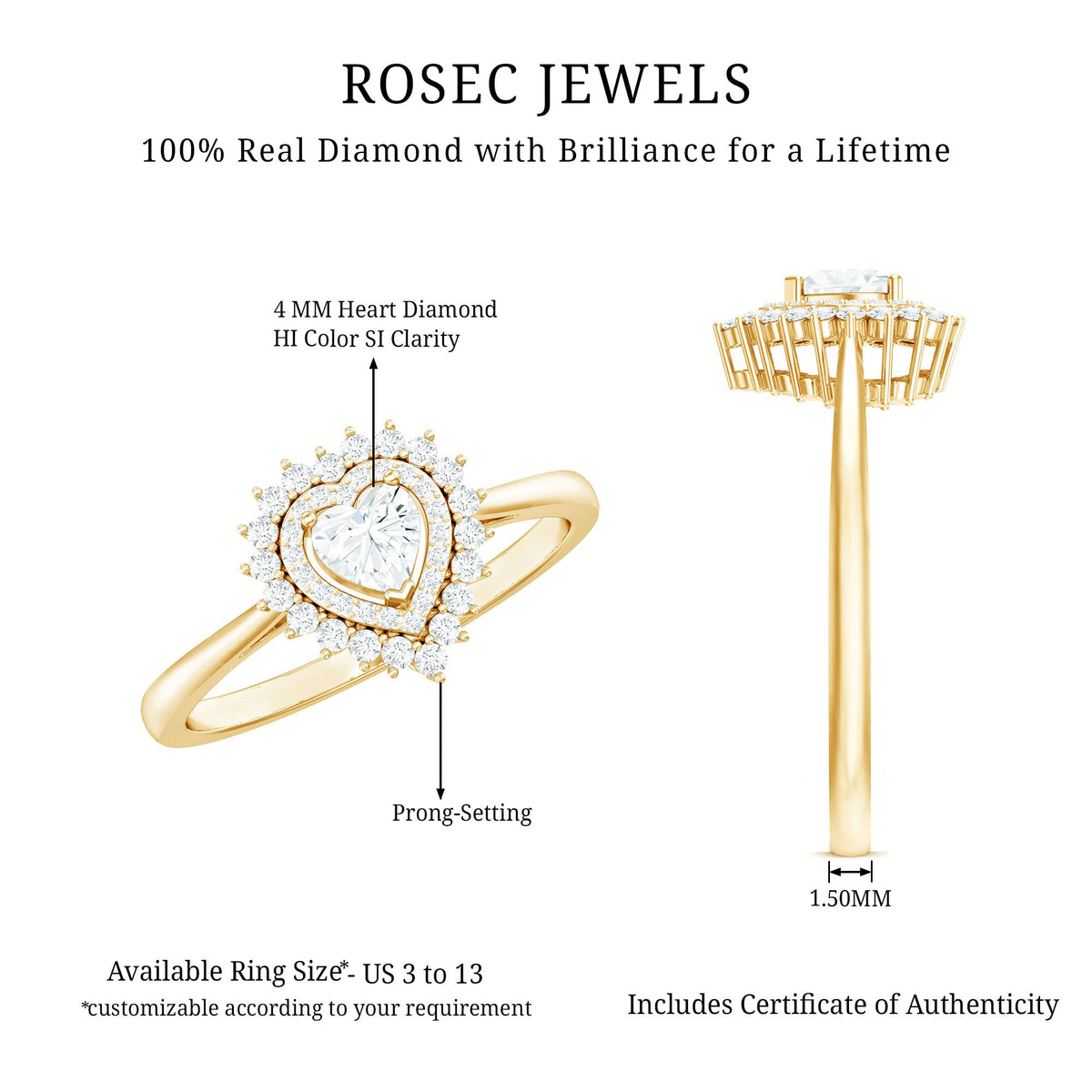 Certified Real 0.25 Carat Diamond Heart Engagement Ring with Double Halo