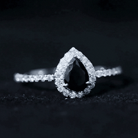 Natural Black Spinel Pear Shaped Engagement Ring with Diamond Halo