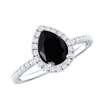 Natural Black Spinel Pear Shaped Engagement Ring with Diamond Halo