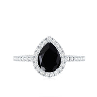 Natural Black Spinel Pear Shaped Engagement Ring with Diamond Halo