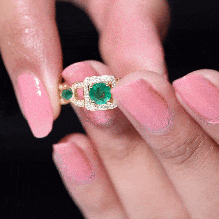 Vintage style emerald and diamond engagement ring for women by Rosec Jewels, featuring intricate yellow gold design.