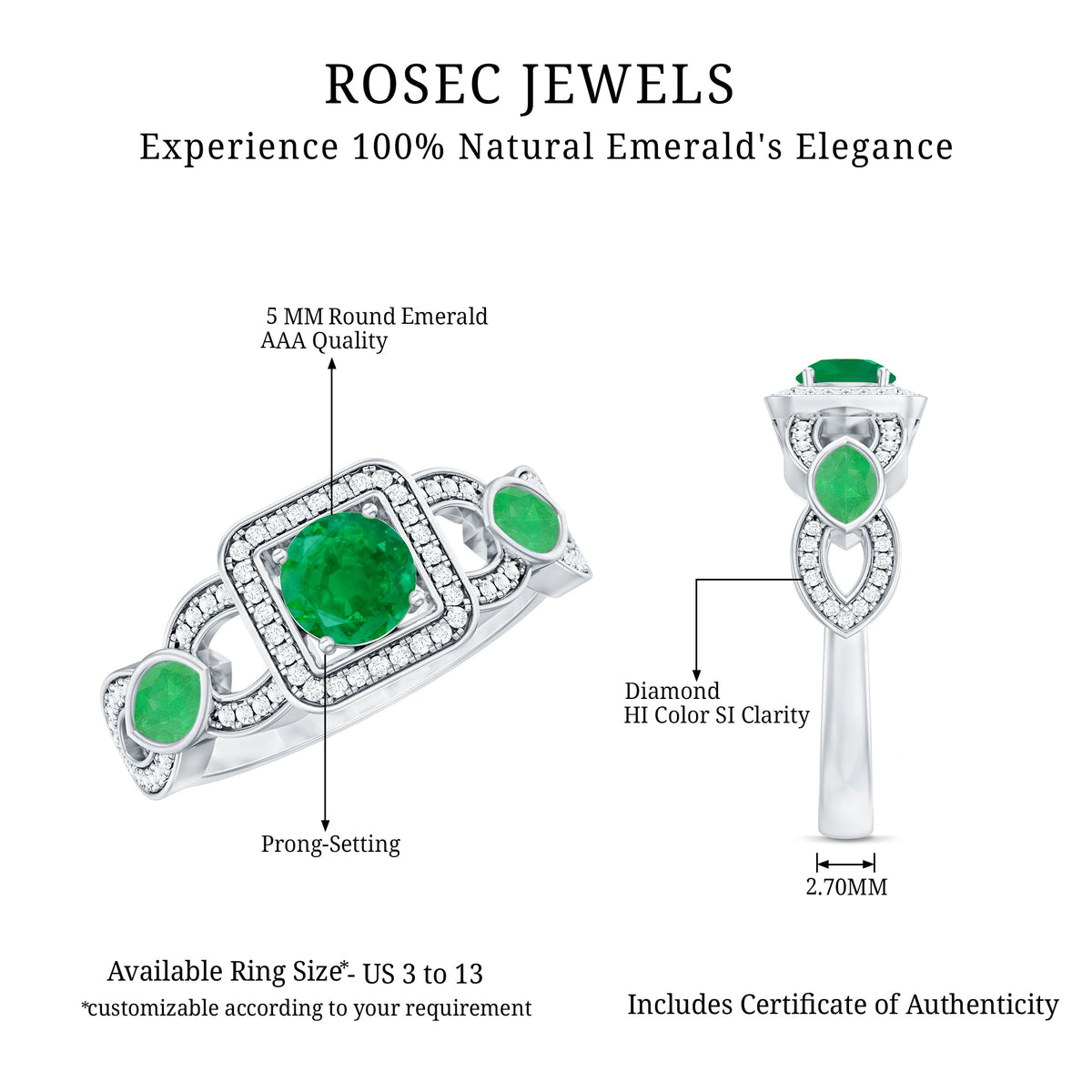 Vintage style emerald and diamond engagement ring for women by Rosec Jewels, featuring a central emerald surrounded by diamonds.