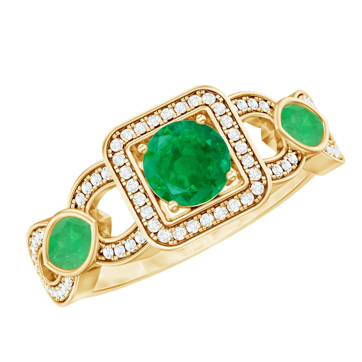 Vintage style emerald and diamond engagement ring for women, featuring intricate gold setting with sparkling gemstones.