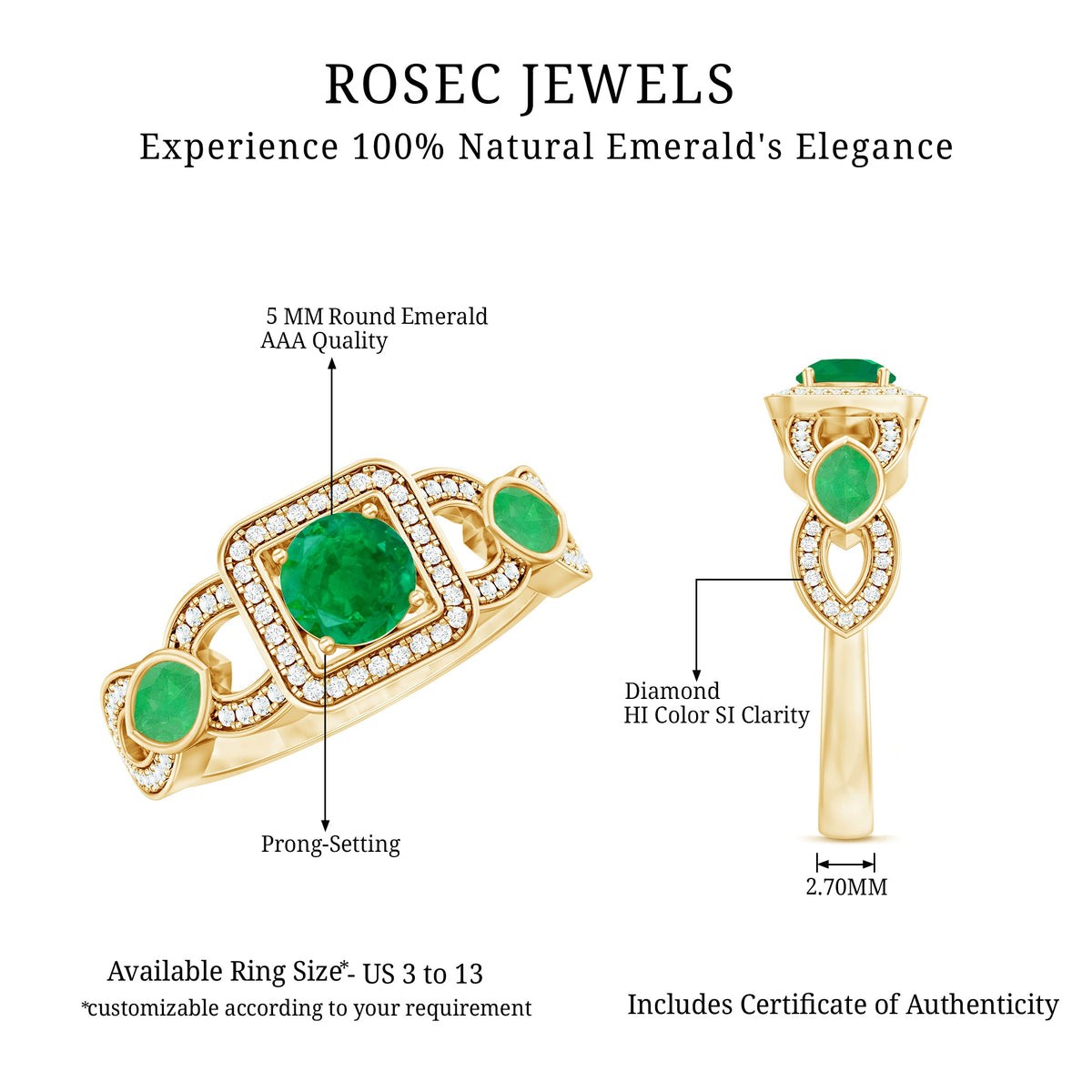 Vintage style emerald and diamond engagement ring for women featuring intricate design and sparkling gemstones, by Rosec Jewels.