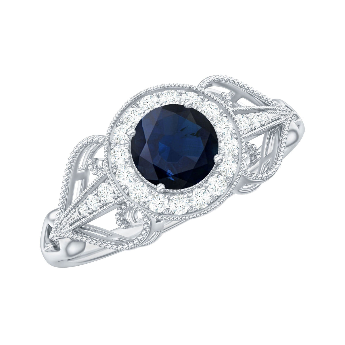 Vintage blue sapphire engagement ring with diamond halo from Rosec Jewels, showcasing intricate design and sparkling gemstones.