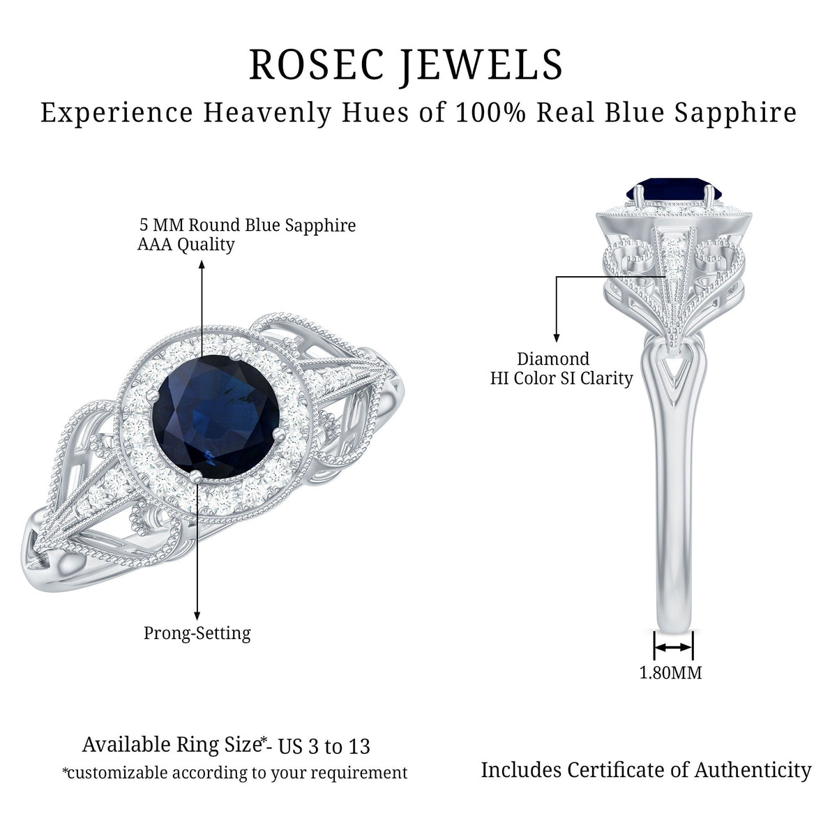 Vintage blue sapphire engagement ring with diamond halo by Rosec Jewels, featuring a detailed design and sparkling gemstones.