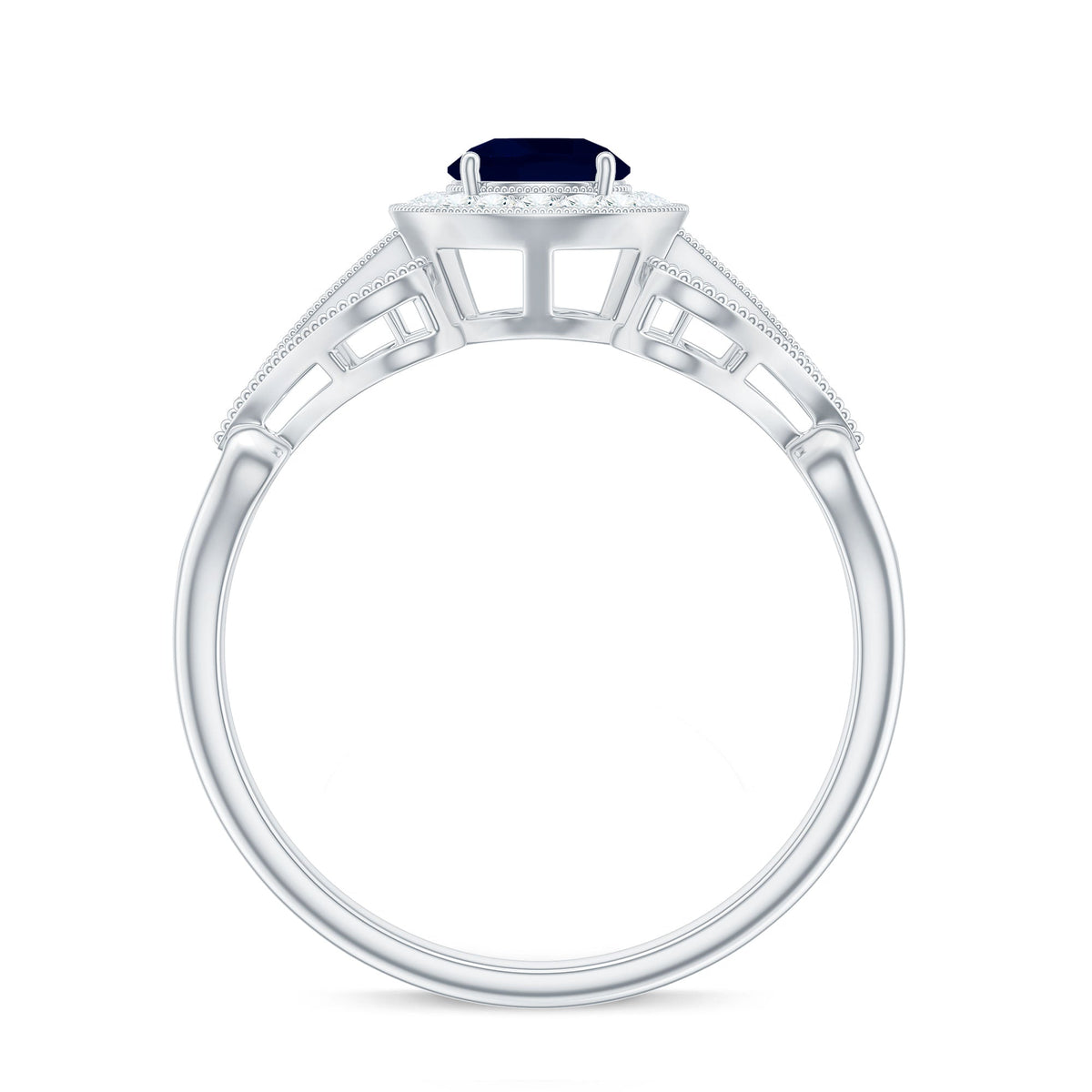 Vintage blue sapphire engagement ring with diamond halo, featuring intricate detailing and a rose gold band by Rosec Jewels.