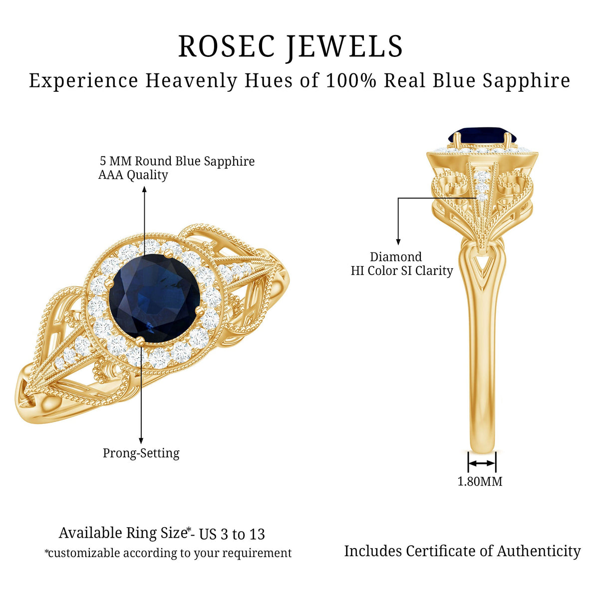 Vintage blue sapphire engagement ring with diamond halo by Rosec Jewels, showcasing intricate design and sparkling gemstones.