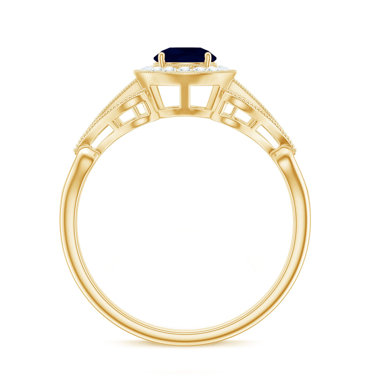 Vintage-inspired blue sapphire engagement ring with diamond halo by Rosec Jewels, featuring a detailed ring setting and sparkling gemstones.