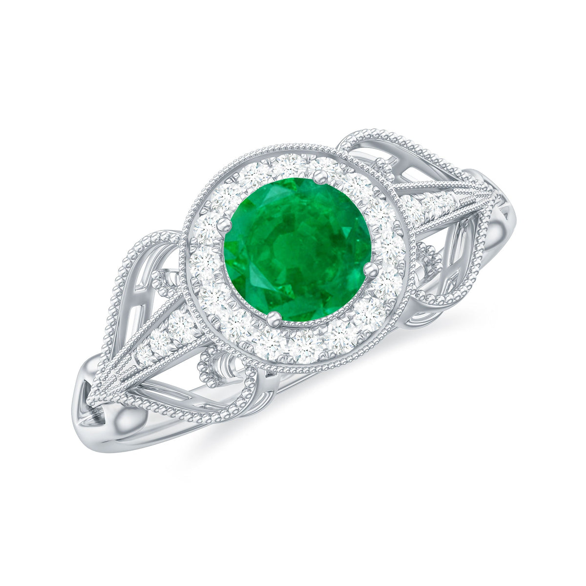 AAA quality emerald and diamond vintage-inspired engagement ring by Rosec Jewels, showcasing intricate design and sparkling gemstones.