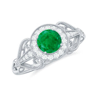 AAA quality emerald and diamond vintage-inspired engagement ring by Rosec Jewels, showcasing intricate design and sparkling gemstones.