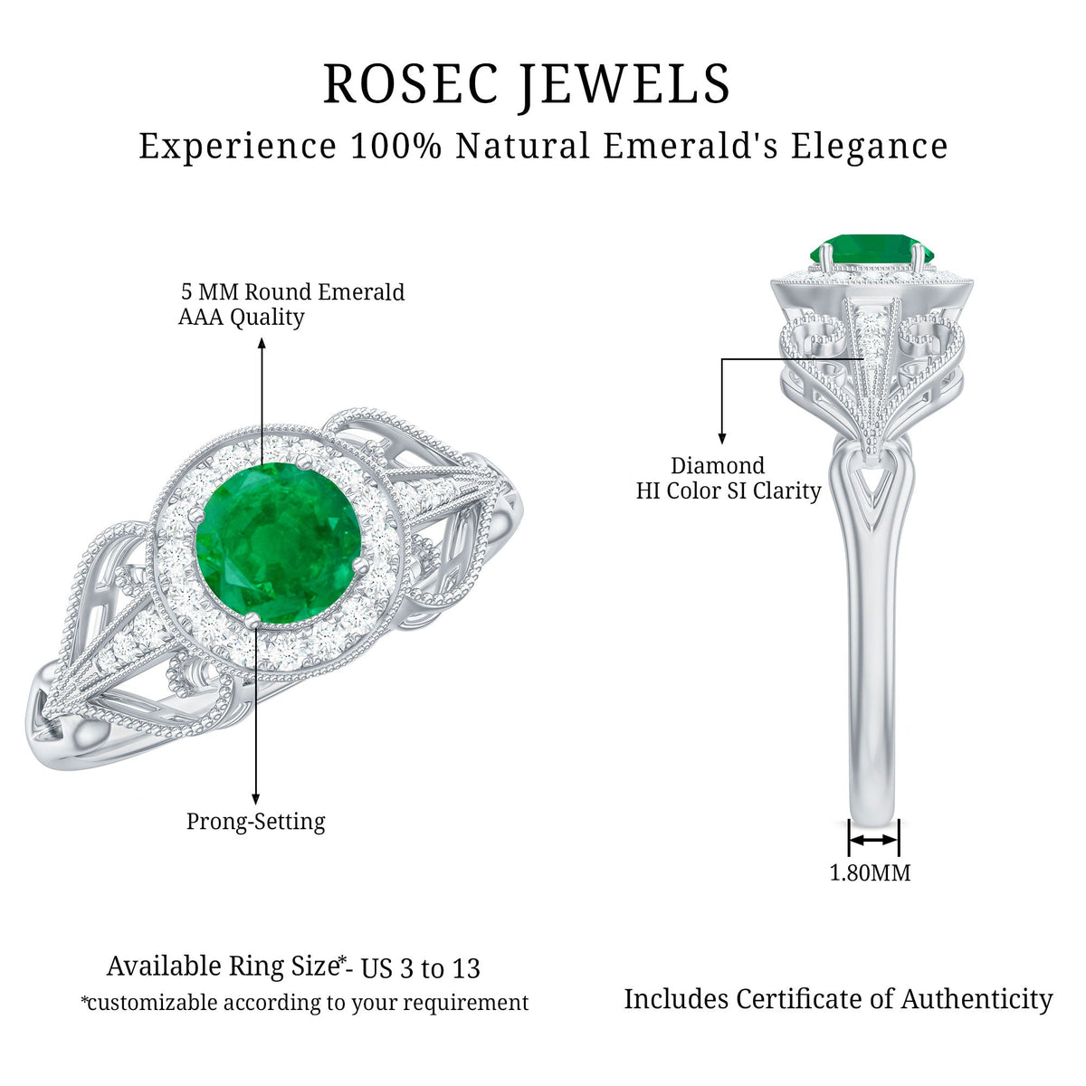 Vintage-inspired engagement ring featuring an emerald and diamond accents from Rosec Jewels, showcasing intricate design and sparkling gemstones.